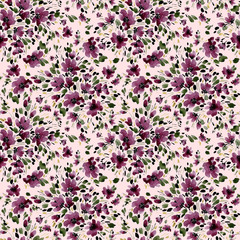  Watercolor hand drawn seamless pattern with beautiful wildflowers and foliage 