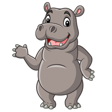 Cartoon smiling hippo waving hand