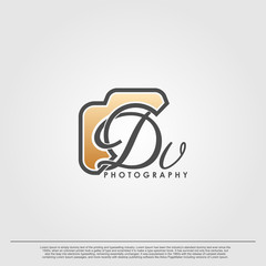 Initial Letter DV with camera. Logo photography simple luxury vector.