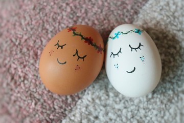 Funny and cute eggs faces for Easter. colorful Easter eggs