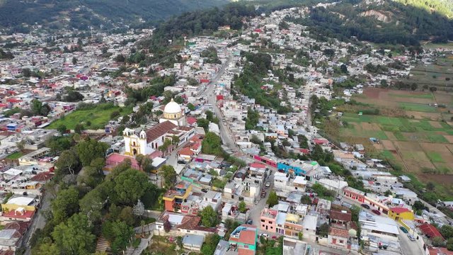 Aerial view of the city of San Cristobal de Las Casas in Chiapas, Mexico, with a big church.