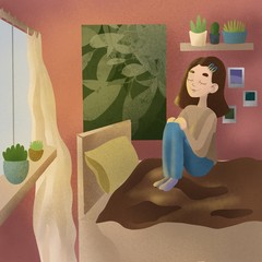 girl dreaming in her own room on the bed. beautiful interior of teenager room, inner peace and mental health concept. meditation and anxiety reduction.