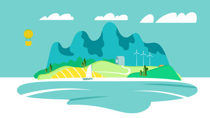 Cheerful flat nature landscape vector illustration, island and mountain scene with yacht boat and hot air balloon. Holiday concept.