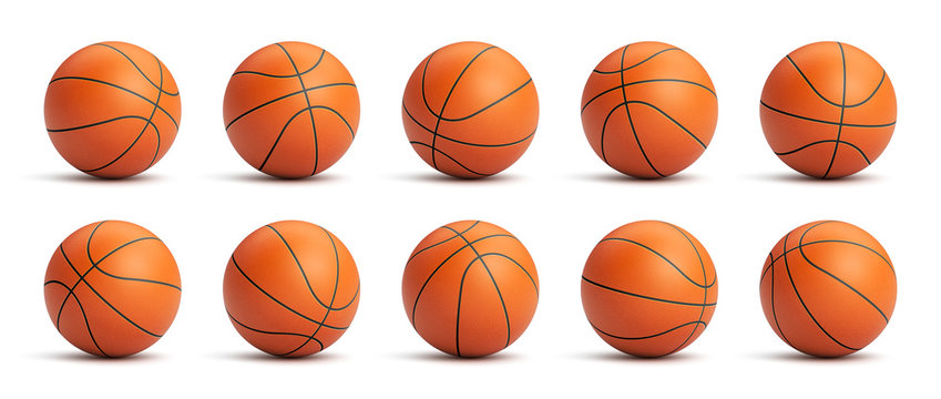 Set of orange basketball balls with leather texture in different positions