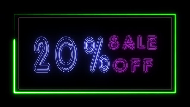 20% sale off neon sign fluorescent light glowing on banner background. Text 20 % sale off by neon lights signboard at night. The best stock neon flickering, flash and blinking color black background