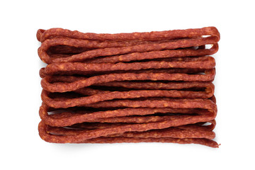 long and thin sausages kabanos on white background, isolated