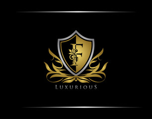 Golden F Luxury Shield Logo Design