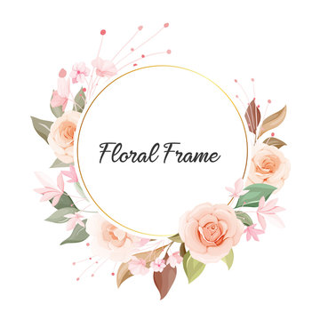 Round floral Frame. Flowers decoration illustration of soft peach rose flowers, leaves, branches. Romantic botanic composition for wedding, greeting, valentine card design