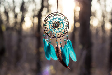 Handmade dream catcher with feathers threads and beads rope hanging