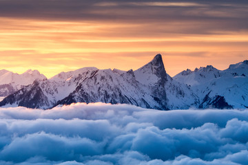 sea of fog in front of Mount Stockhorn at a winter sunset