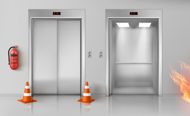 Fire in office hallway with open and closed elevator doors, red extinguisher on wall and traffic cones. Vector realistic illustration of emergency in empty lobby interior with lift © vectorpocket