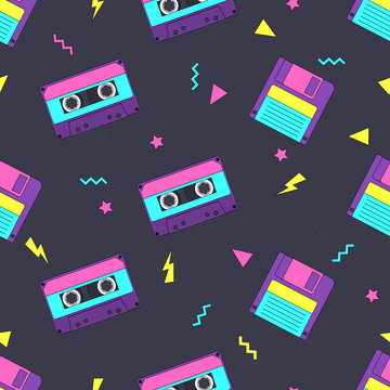 Seamless pattern with audio cassettes and floppy in 90s style. Vector illustration