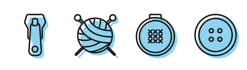 Set line Round adjustable embroidery hoop, Zipper, Yarn ball with knitting needles and Sewing button for clothes icon. Vector © Oksana