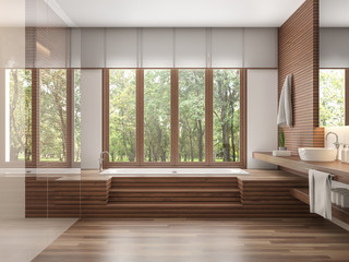 Wood bathroom modern contemporary style 3d render.Decorate wall and floor with wood .There are large windows look out to see the nature