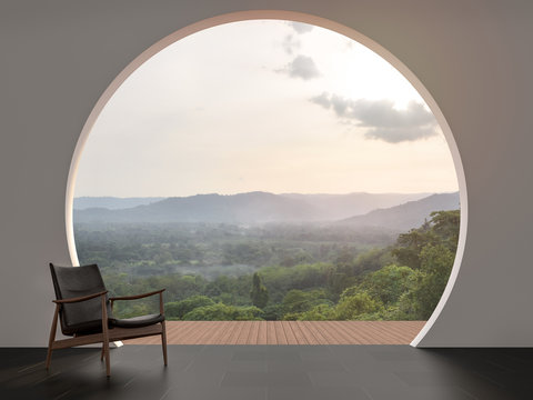 A wall with arch shape gap looking out over the mountains 3d render,The room has black tile floor.Furnished with wood and leather chair.Looking out to the balcony and nature view.
