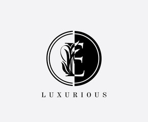 Circle E Letter Floral Logo. Luxury E Swirl Circle Logo Icon