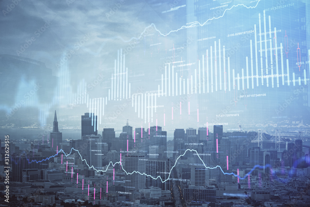 Poster forex graph on city view with skyscrapers background multi exposure. financial analysis concept.