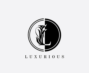 Circle L Letter Floral Logo. Luxury L Swirl Circle Logo Icon