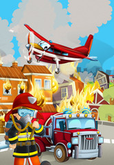 cartoon scene with fireman car vehicle near burning building - illustration for children