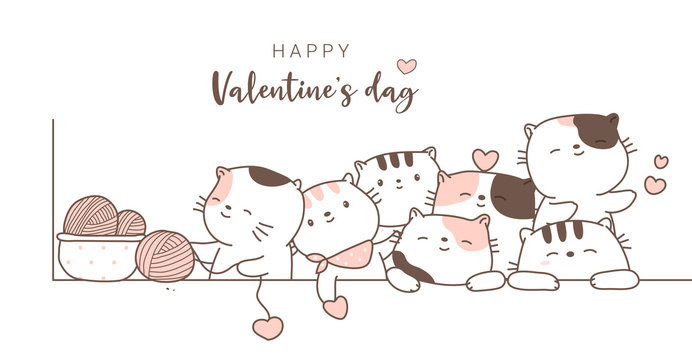 happy valentines day with cute animal cartoon hand drawn style