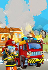 cartoon scene with fireman car vehicle near burning building - illustration for children