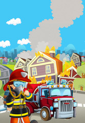 cartoon scene with fireman car vehicle near burning building - illustration for children