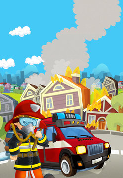cartoon scene with fireman car vehicle near burning building - illustration for children © honeyflavour