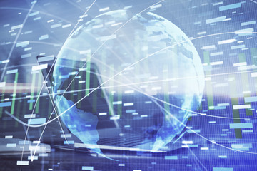 Multi exposure of business theme icons and work space with computer background. Concept of success.