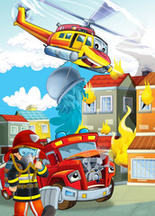 cartoon stage with different machines for firefighting helicopter and fire truck colorful scene illustration for children