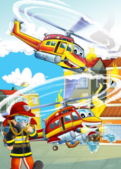 Obraz na płótnie Canvas cartoon scene with fire fighter machines helicopters illustration for children