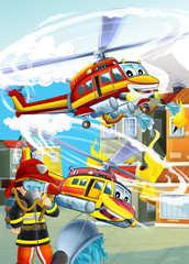 Obraz na płótnie Canvas funny looking cartoon fireman helicopter in the city - illustration for children