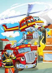 Obraz na płótnie Canvas cartoon scene with different fire fighter machines helicopter and fire brigade truck illustration for children