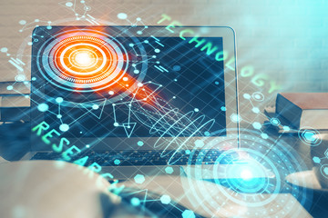 Multi exposure of computer on background and technology theme drawing. Concept of innovation.