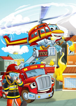 cartoon scene with different fire fighter machines helicopter and fire brigade truck illustration for children