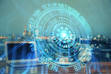 Obraz premium Multi exposure of computer on background and technology theme drawing. Concept of innovation.