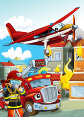 Plakat cartoon scene with different fire fighter machines helicopter and fire brigade truck illustration for children