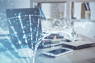 Desktop computer background and DNA drawing. Double exposure. Science concept.