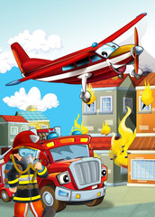 Naklejka premium cartoon scene with different fire fighter machines helicopter and fire brigade truck illustration for children