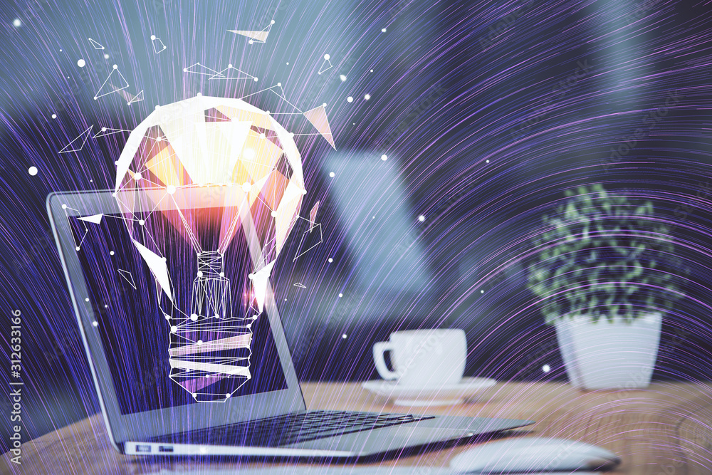 Poster computer on desktop in office with bulb icon hologram. multi exposure. concept of idea.