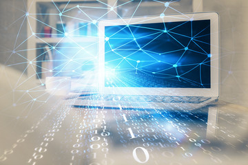 Technology theme drawing and table with computer. Multi exposure. Concept of information.