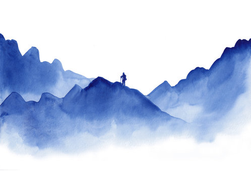 Watercolor landscape of blue vibrant mountain peaks with hiking man silhouette on white. Peaceful tranquil hand drawn nature background for tourism, relaxation, meditation and restoration.