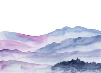Watercolor abstract serene painting - mountain silhouettes at sunrise lighten with pink morning color. Serenity calm nature background for meditation and relaxation. Colorful mountains texture.