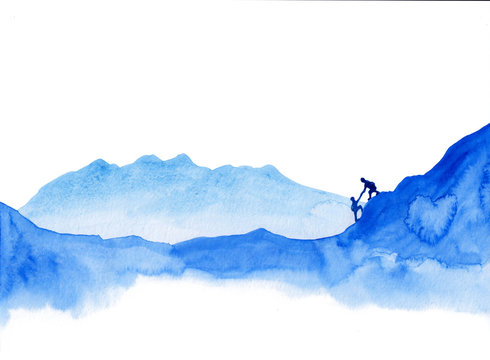 Watercolor landscape of blue vibrant mountain peaks. Peaceful tranquil hand drawn nature background for relaxation, meditation & restoration. Two people helping one another in climbing mountains.