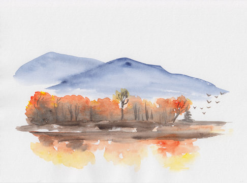 Watercolor landscape of blue vibrant mountain peaks & orange autumn trees. Peaceful tranquil hand drawn nature background for relaxation, meditation and restoration. Artwork with sea, birds & forest.