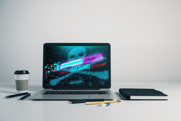 Laptop closeup with cyberpiracy drawing on computer screen. Data safety concept. 3d rendering.