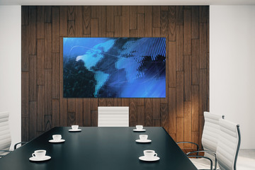 Conference room interior with world map on screen monitor on the wall. International market concept. 3d rendering.