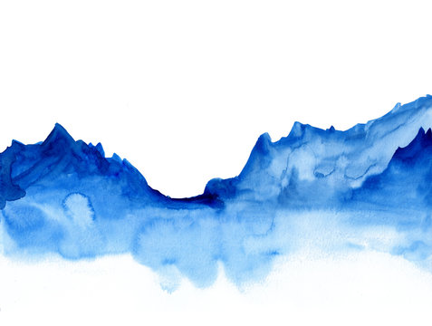 Watercolor landscape of blue vibrant mountain peaks. Peaceful tranquil hand drawn nature background for relaxation , meditation and restoration. Paper arts hand sketch. 
