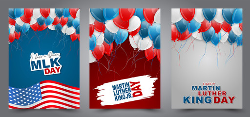 Martin Luther King Day flyer or poster set  with blue, red, white balloons and stars with flag. Vector illustration.