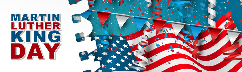 Fototapeta premium Happy Martin Luther King day banner or website header. American flag and ringlets. Vector illustration.