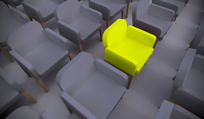 Concept or conceptual yellow armchair standing out in a  conference room as a metaphor for leadership, vision and strategy. A 3d illustration of individuality, creativity and achievement